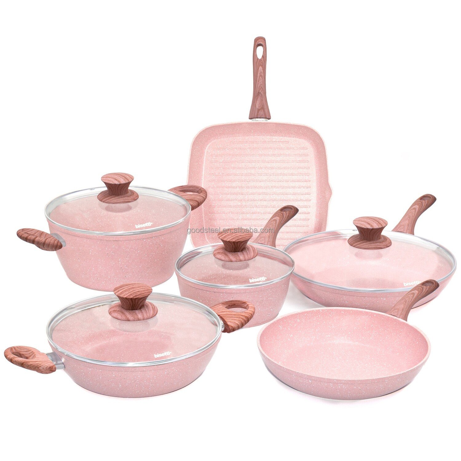 Premium 6 PCS Pink Snowflake Non-Stick Cookware Set Home Kitchen Aluminium Glass Casseroles Pans Home Kitchen Non-Stick Cookware
