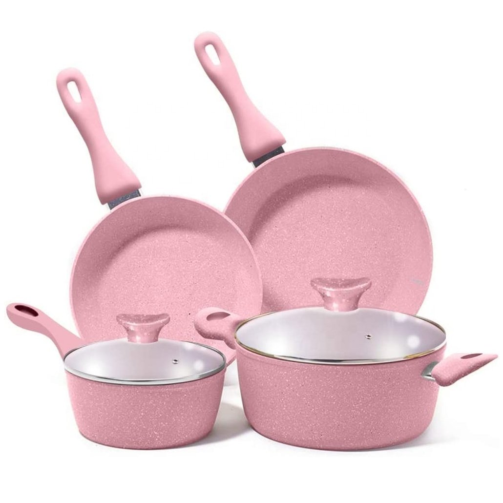 Premium 6 PCS Pink Snowflake Non-Stick Cookware Set Home Kitchen Aluminium Glass Casseroles Pans Home Kitchen Non-Stick Cookware