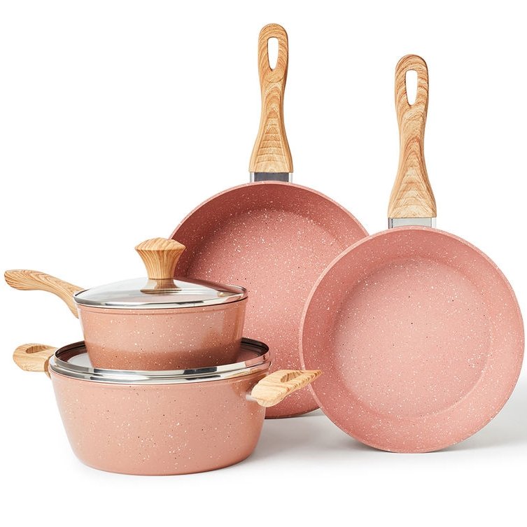 Premium 6 PCS Pink Snowflake Non-Stick Cookware Set Home Kitchen Aluminium Glass Casseroles Pans Home Kitchen Non-Stick Cookware