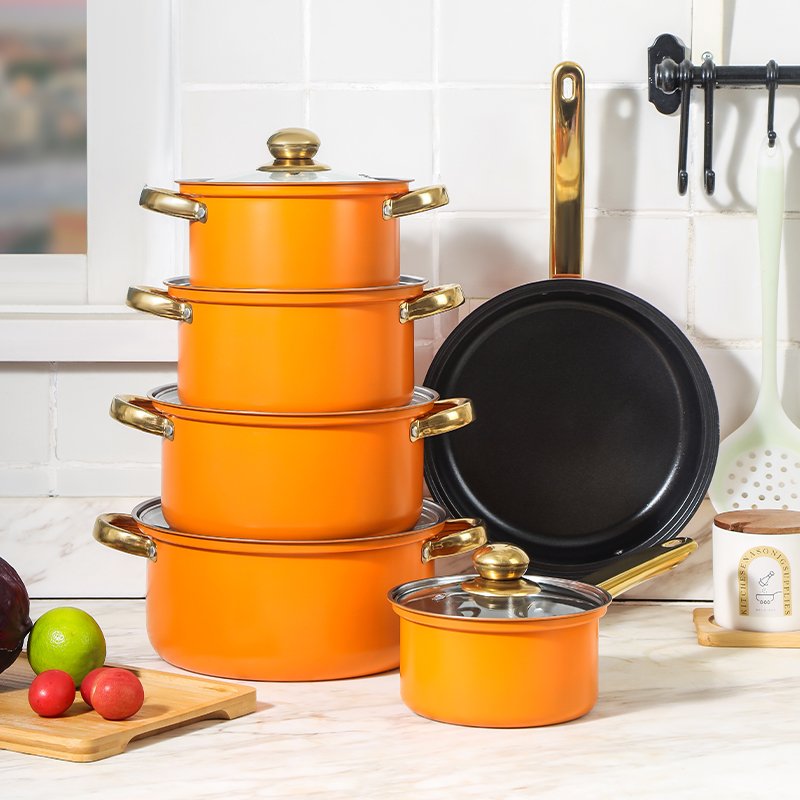 12 pieces cookware sets stainless steel Orange pots and pans set with cooking pot ware non stick pan