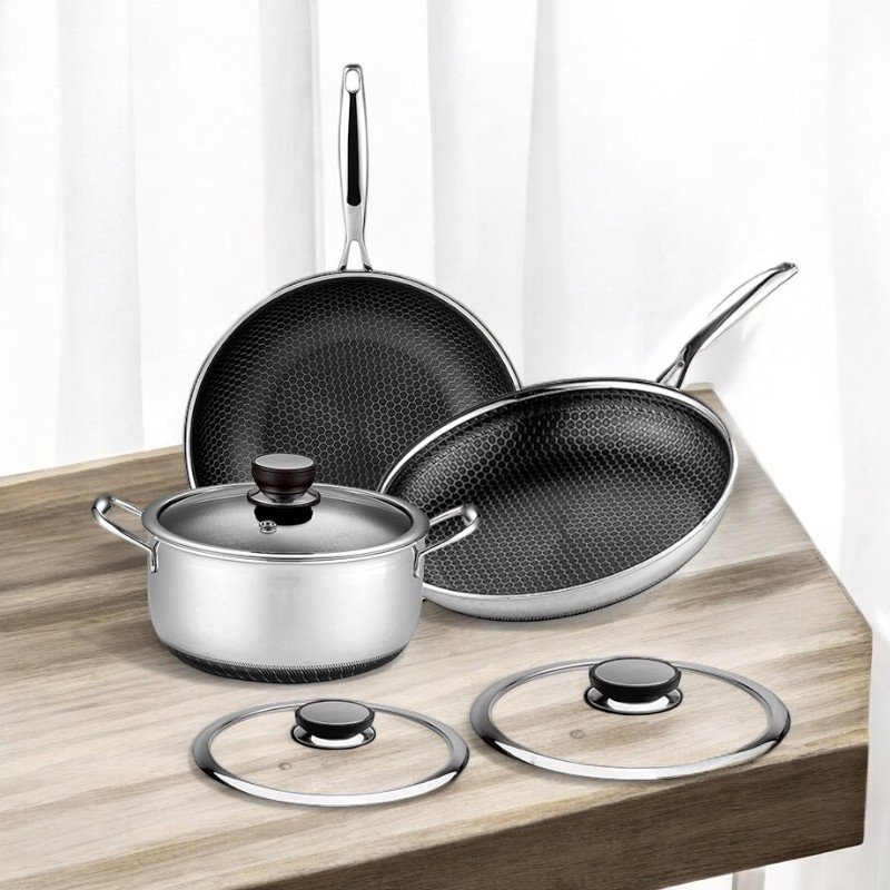 High Quality Dishwasher Safe Honeycomb Non Stick Pot And Pans Induction Ready Tri-Ply Stainless Steel Nonstick Cookware Set