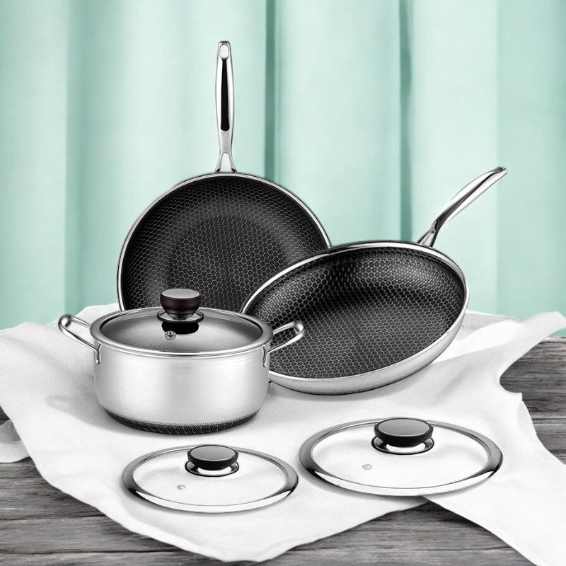 High Quality Dishwasher Safe Honeycomb Non Stick Pot And Pans Induction Ready Tri-Ply Stainless Steel Nonstick Cookware Set
