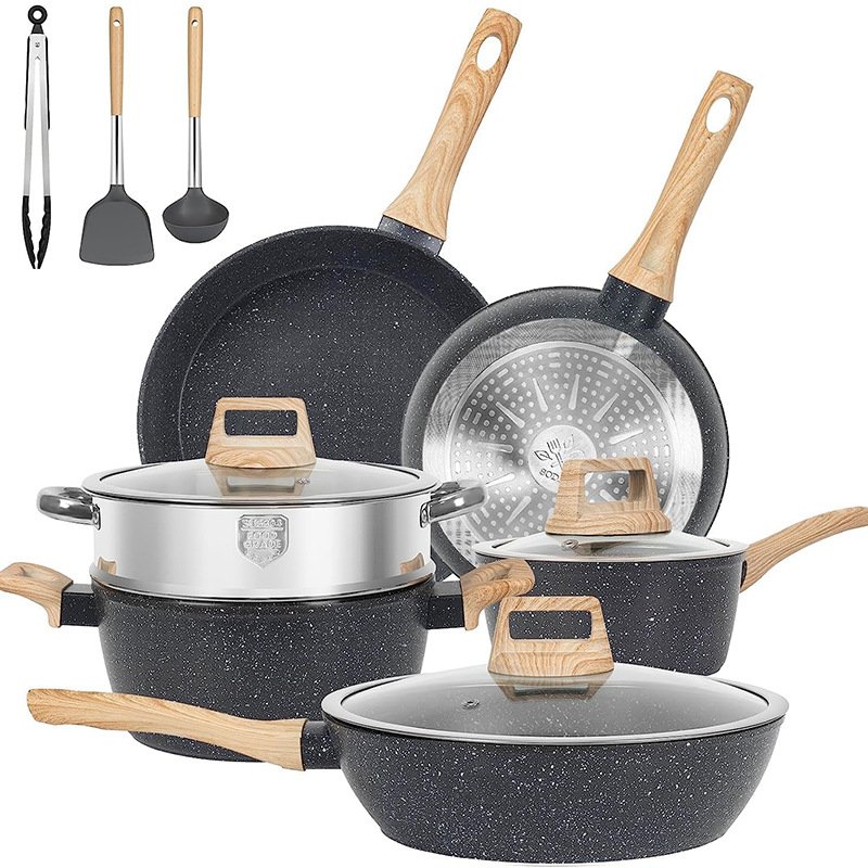 Custom kitchen White 12-piece bakelite handle die-cast aluminum granite pot non-stick induction Cooking Stockpot Cookware set