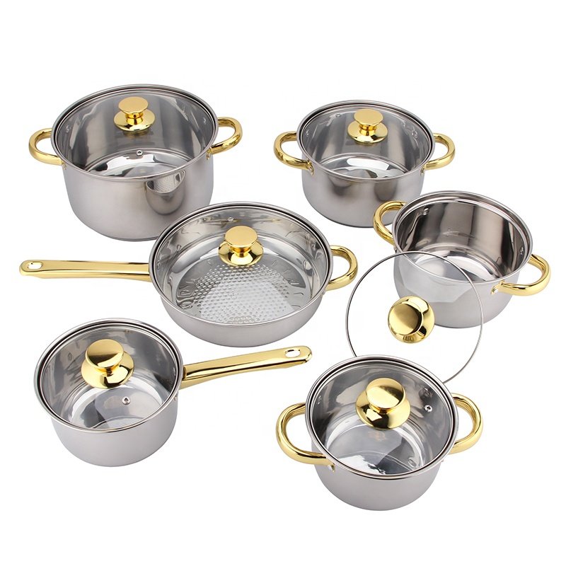 12pcs Golden Plated Handle Stainless Steel Cooking Pot Non-stick Capsuled Bottom Cookware Sets