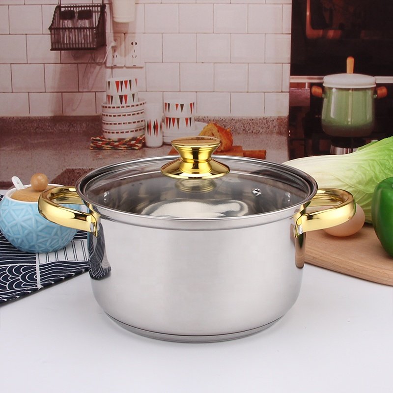 12pcs Golden Plated Handle Stainless Steel Cooking Pot Non-stick Capsuled Bottom Cookware Sets