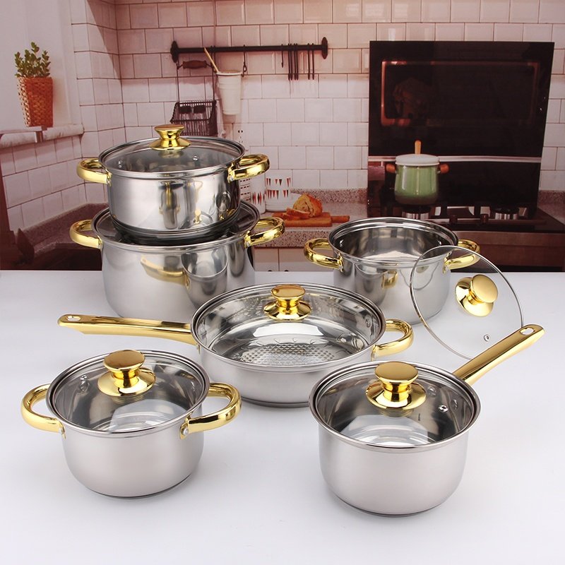 12pcs Golden Plated Handle Stainless Steel Cooking Pot Non-stick Capsuled Bottom Cookware Sets