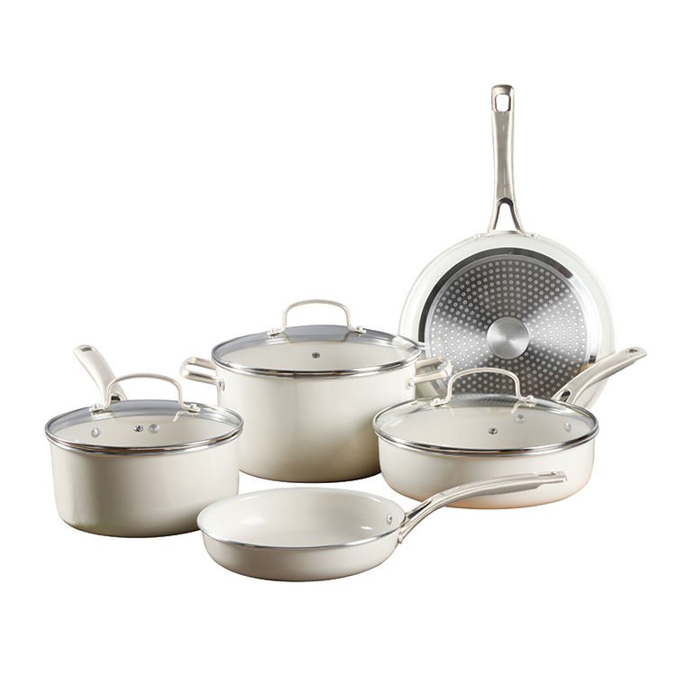 8 Pcs Cream White Ceramic Non Stick Kitchen Cookware Sets Non Toxic Cooking Pots and Pans Set Dishwasher Safe