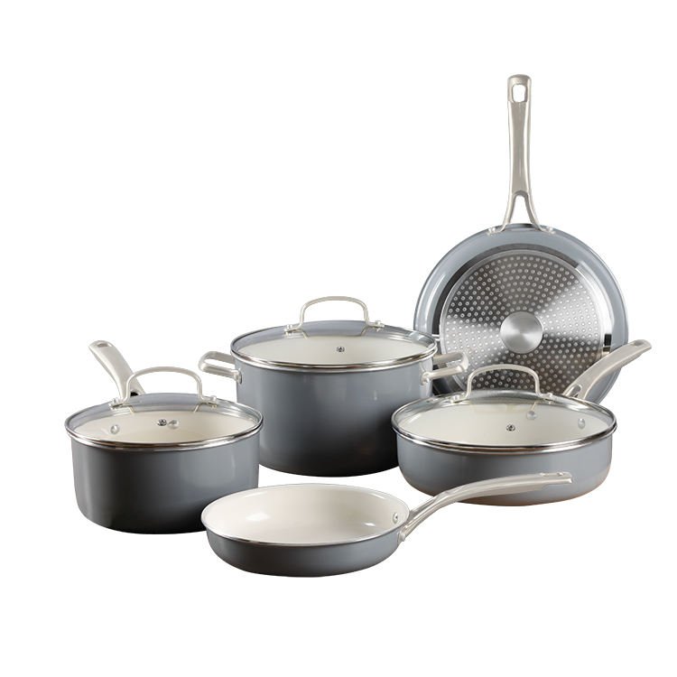 8 Pcs Cream White Ceramic Non Stick Kitchen Cookware Sets Non Toxic Cooking Pots and Pans Set Dishwasher Safe