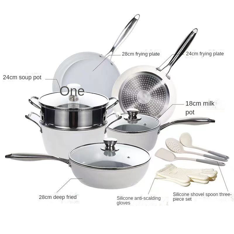 17pcs Non-stick Aluminium Ceramic Cookware Set Household Multi-functional Induction Pot and Pans Set With Stainless Steel Handle