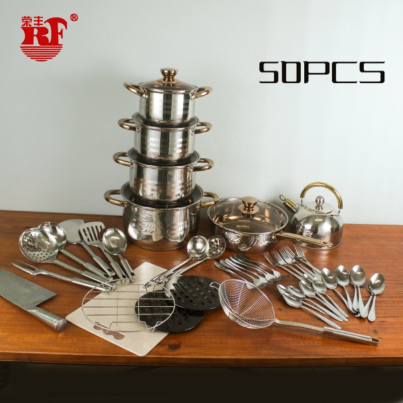 European Custom Combination Package Series 18Pcs 50pcs Stainless Steel Cookware Set Cooking Pot With 2L Kettle