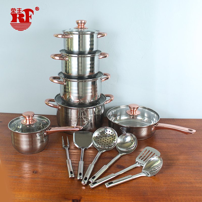 European Custom Combination Package Series 18Pcs 50pcs Stainless Steel Cookware Set Cooking Pot With 2L Kettle