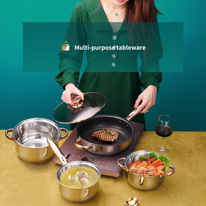 KAISA VILLA KV-1006 Stainless Steel Cookware Sets Non Stick Frying Pan Kitchen Cooking Pots sets Soup & Stock Pots 12 Pcs Sets