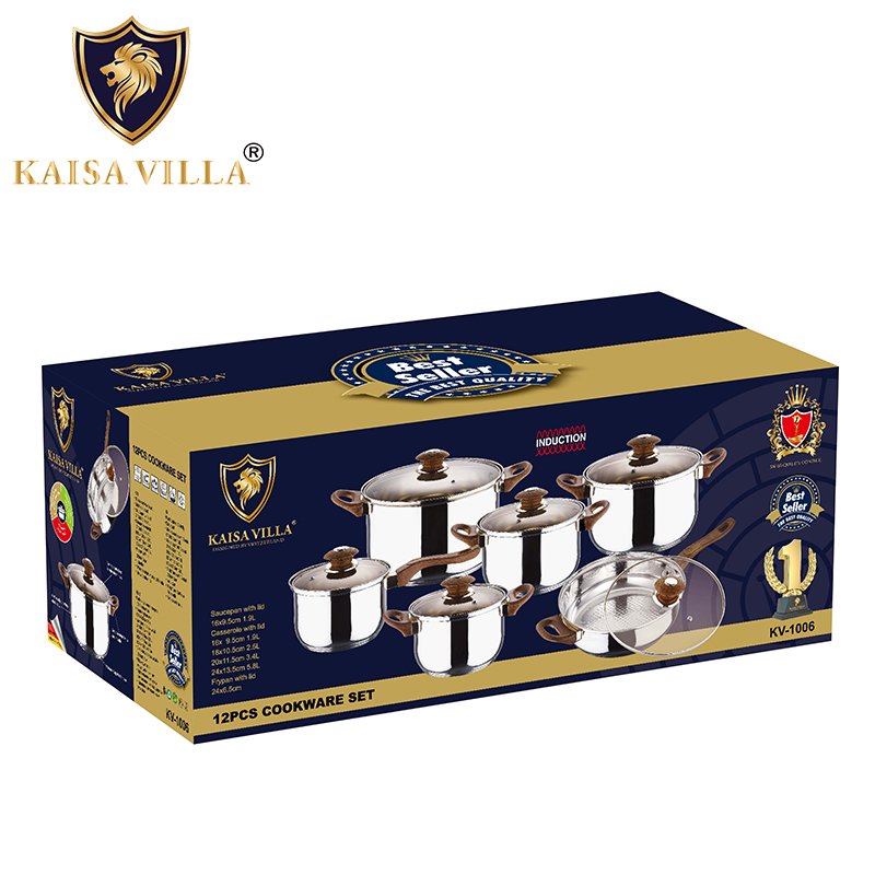 KAISA VILLA KV-1006 Stainless Steel Cookware Sets Non Stick Frying Pan Kitchen Cooking Pots sets Soup & Stock Pots 12 Pcs Sets