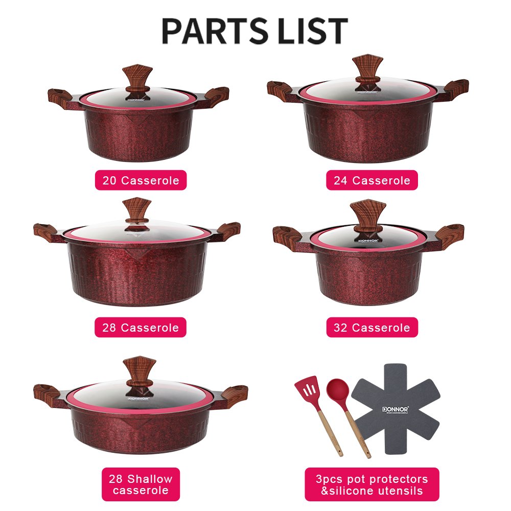 Donnor Hot sell crown 15pcs healthy coat pots for cooking set granite cookware set non stick cookware set