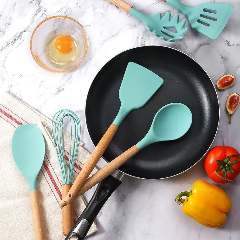 Heat Resistance Silicone Wooden Handle Spoon Spatula Turner Tongs Kitchen Utensils Set Kitchen Accessories Cookware Sets