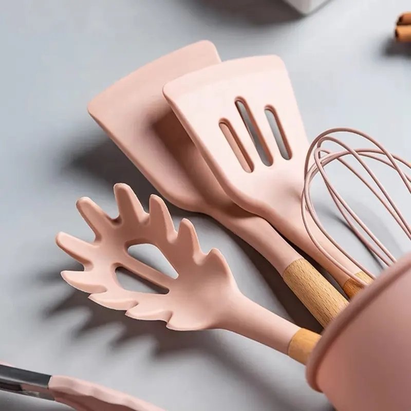 Heat Resistance Silicone Wooden Handle Spoon Spatula Turner Tongs Kitchen Utensils Set Kitchen Accessories Cookware Sets