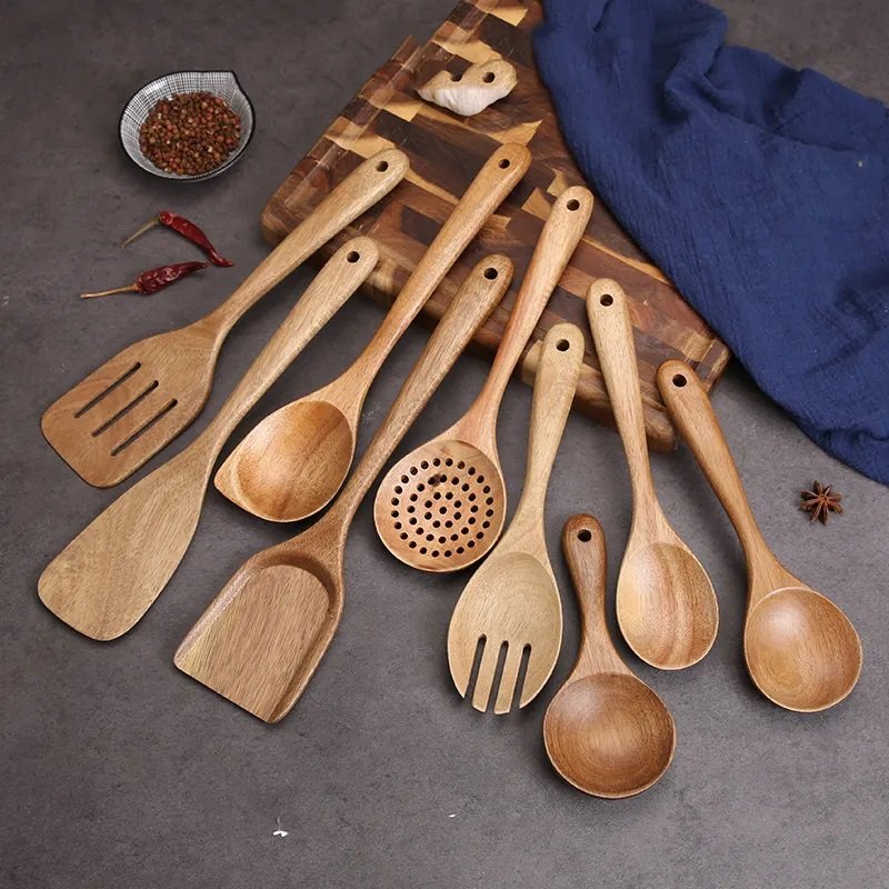 Metier Wooden Spoons for Cooking Nonstick Wood Kitchen Utensil Cooking Spoons Natural Wood Kitchen Utensils Set Of 9 Pieces Set