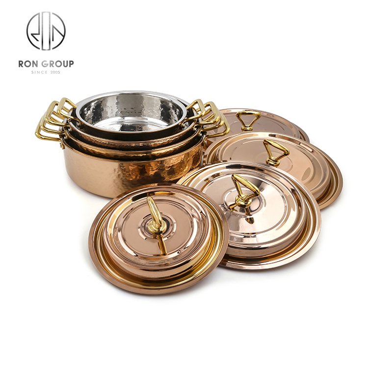 Hot Selling Luxury Large Shiny Polished Copper Cooking Pots Cookware Set For Restaurant 304 Stainless Steel Stew Paella Pot