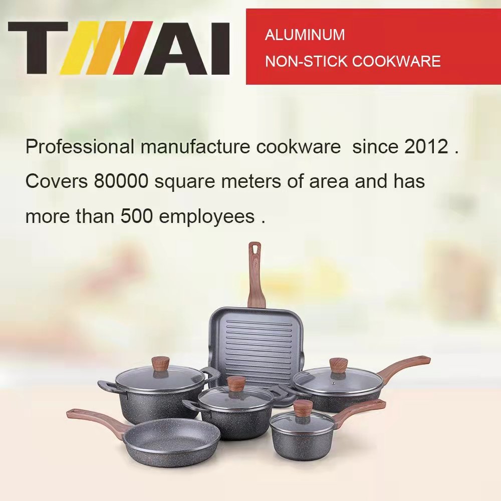 TMAI wholesale 10pcs die casting non stick kitchen star life smile wooden handle cookware set