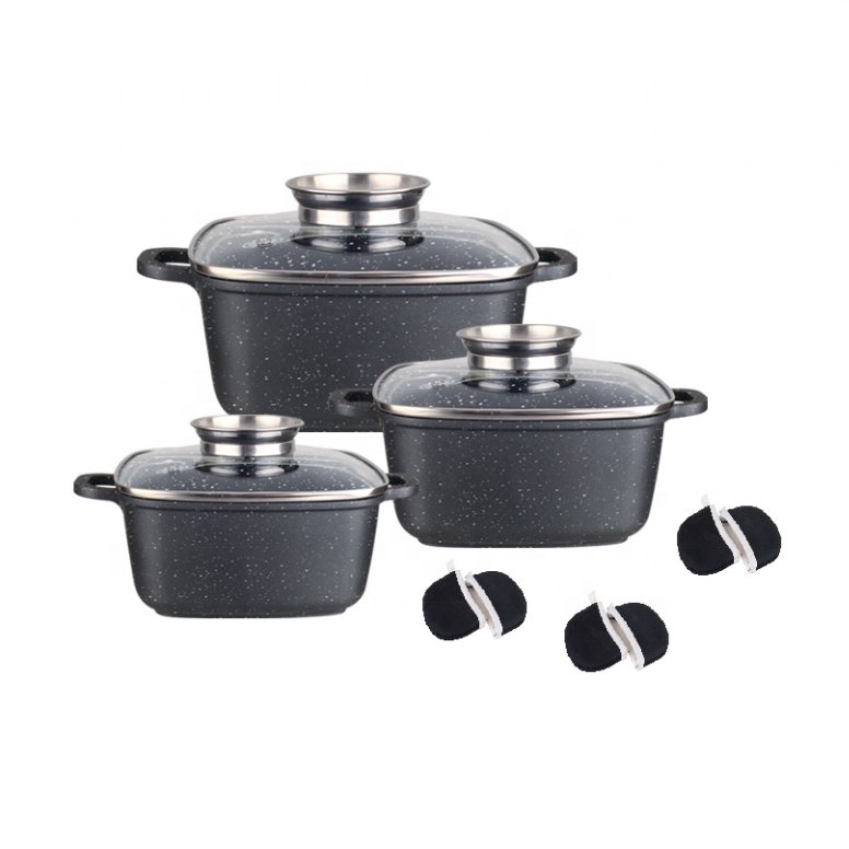 6 piece die casting aluminium square casserole cookware set with nonstick marble coating