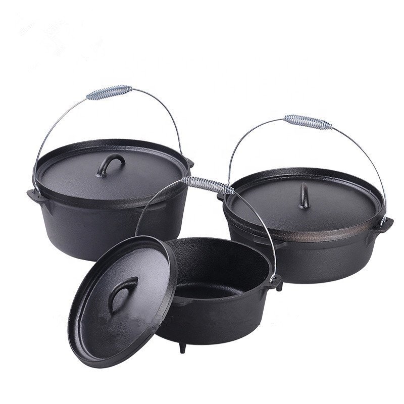 Outdoor Camping Potjie pot Kitchenware Round Casseroles for BBQ Dutch Oven Picnic Cookware Set with Iron Lid Handle Lifter