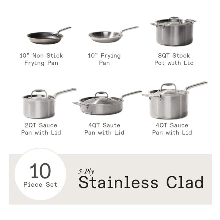 2022 hot sell 10 pieces Induction Kitchenware 5 Ply Stainless Clad Cookware Sets Pots And Pans Set