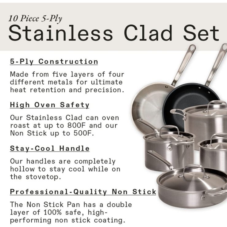 2022 hot sell 10 pieces Induction Kitchenware 5 Ply Stainless Clad Cookware Sets Pots And Pans Set