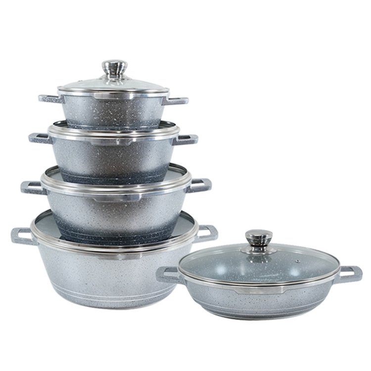 10pcs Kitchen Cookware Set 20/24/28/32cm Deep Soup Pot 28cm Shallow Stockpot Marble Coated Pan