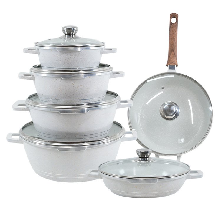 10pcs Kitchen Cookware Set 20/24/28/32cm Deep Soup Pot 28cm Shallow Stockpot Marble Coated Pan