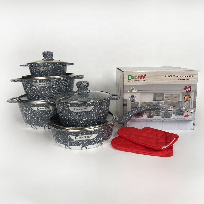 12pcs die cast aluminum non-stick cooking pots marble stone cookware set cooking pot set non-stick cookware granite