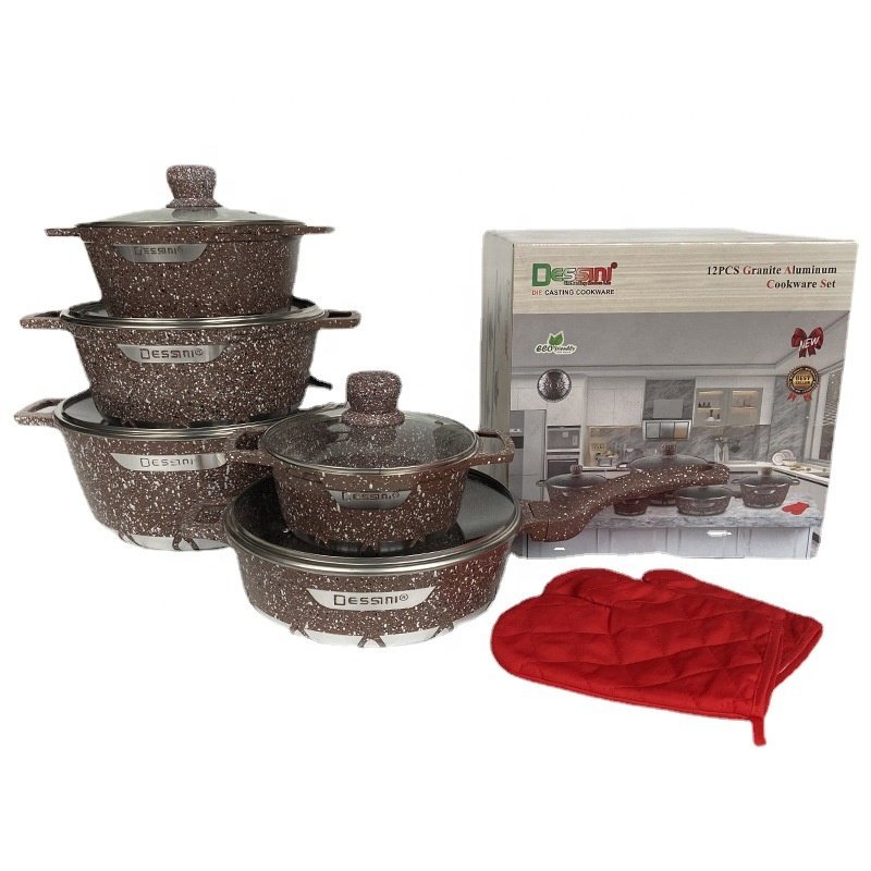 12pcs die cast aluminum non-stick cooking pots marble stone cookware set cooking pot set non-stick cookware granite