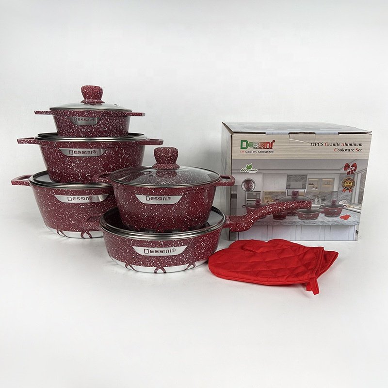 12pcs die cast aluminum non-stick cooking pots marble stone cookware set cooking pot set non-stick cookware granite