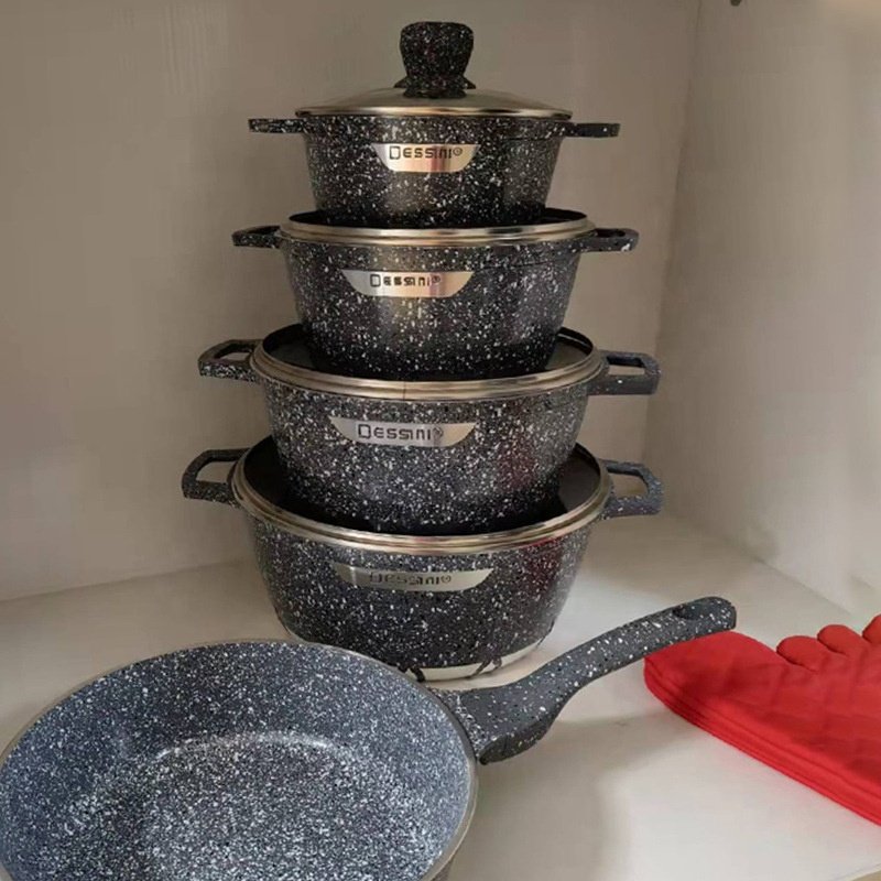 12pcs die cast aluminum non-stick cooking pots marble stone cookware set cooking pot set non-stick cookware granite