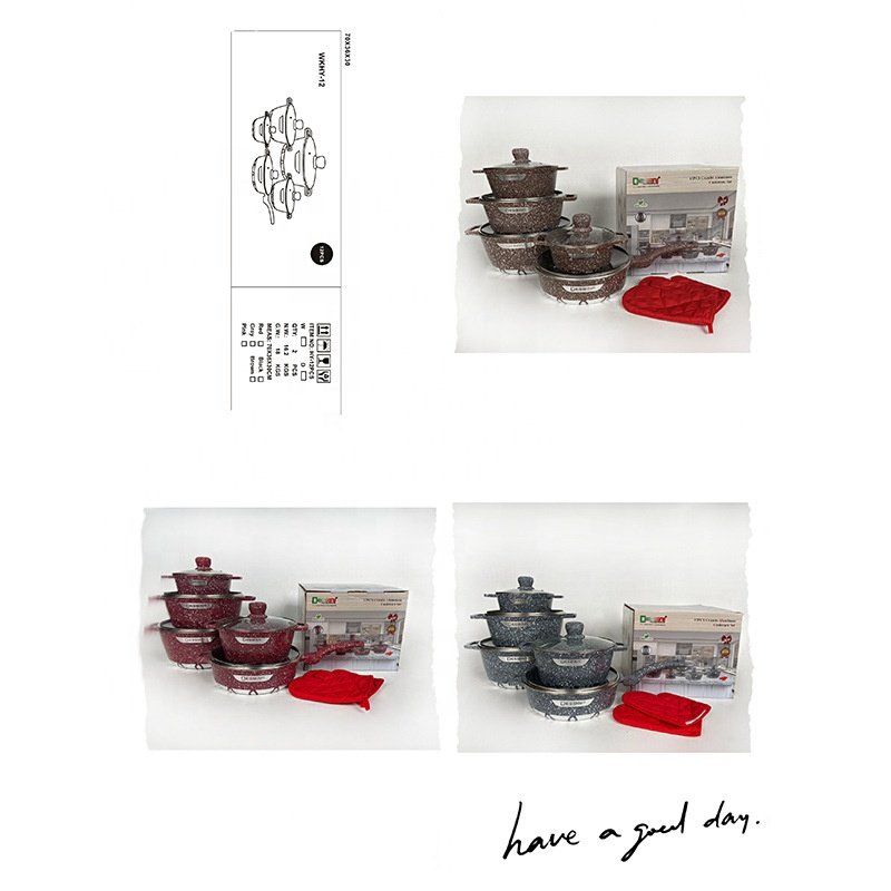 12pcs die cast aluminum non-stick cooking pots marble stone cookware set cooking pot set non-stick cookware granite