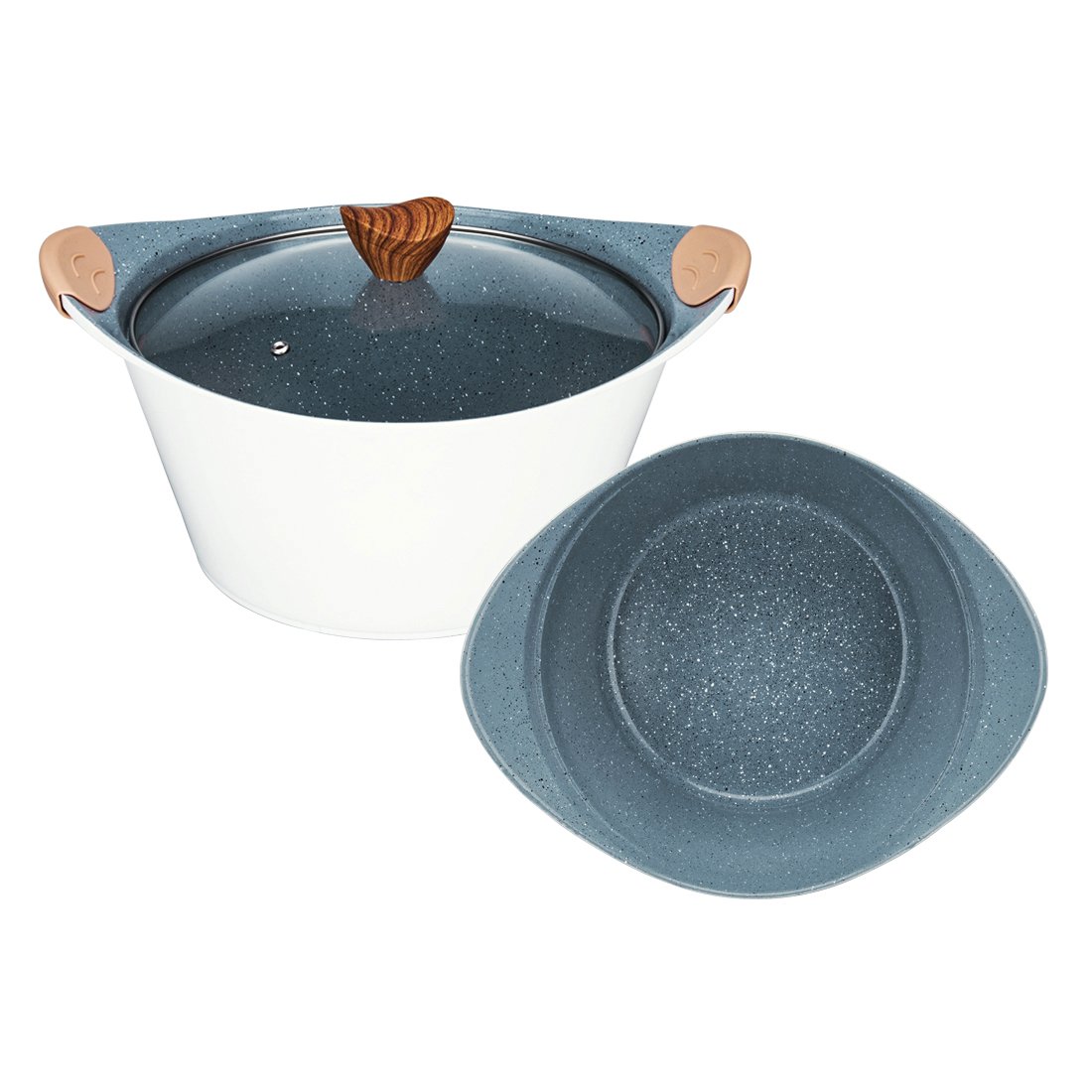 19-piece cookware set Western style inner gray ceramic sprinkled with black and white dots and outer white wood grain handle