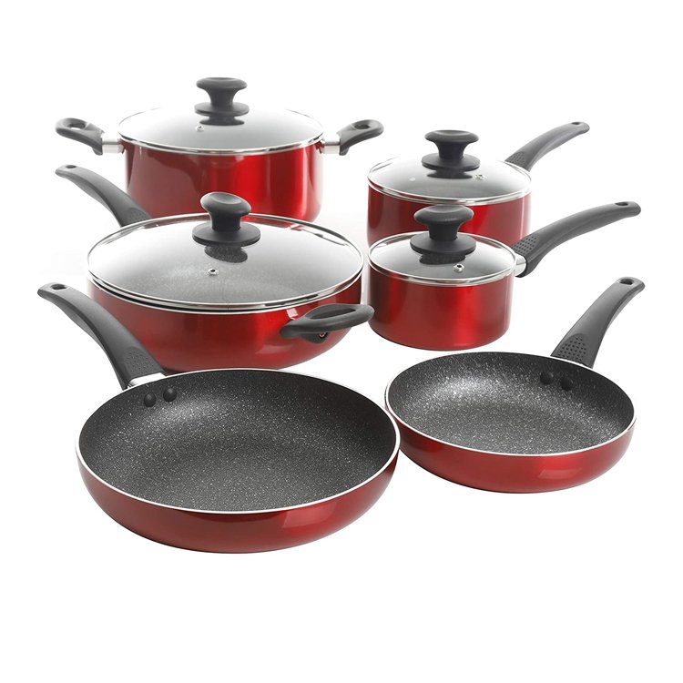 Proper Price 10pcs induction pot fry pan non stick coating aluminum cookware sets with bakelite handle used for kitchen