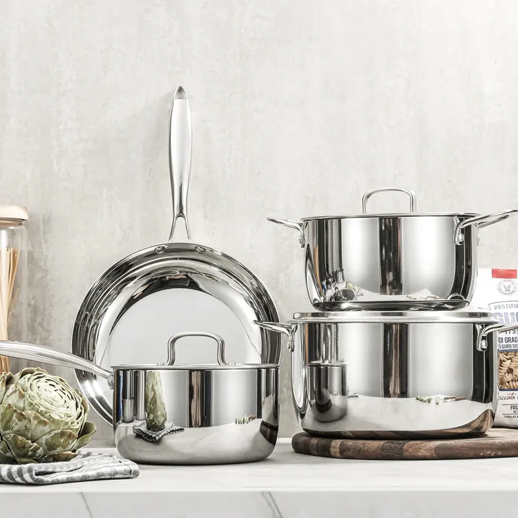 Kitchen Modern Professional Supplier Tri-ply Stainless Steel Cooking Pot Set Non-stick Cookware Set with gold handle