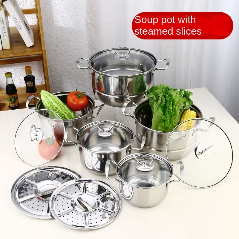 Factory Direct Sale Kitchen 10 Pcs 12Pcs Stainless Steel Cookware Set Soup & Stock Pot Set Cooking Pot Set With Glass Lid