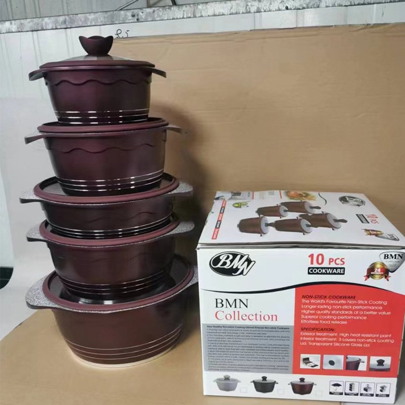 Wholesale High Quality 10pcs Die Casting Soup Pot Cookware Sets Glass Cover with Sillicon Edge Non-Stick Pots