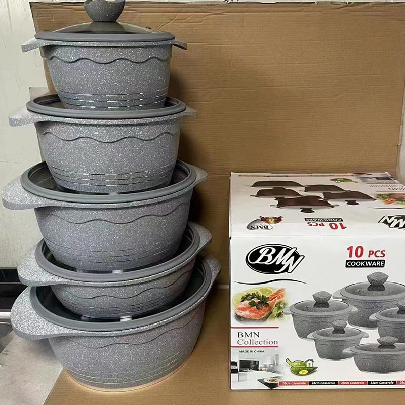 Wholesale High Quality 10pcs Die Casting Soup Pot Cookware Sets Glass Cover with Sillicon Edge Non-Stick Pots