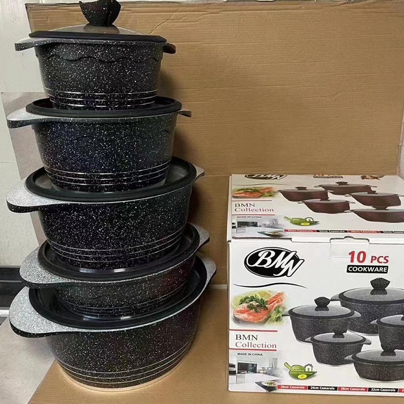 Wholesale High Quality 10pcs Die Casting Soup Pot Cookware Sets Glass Cover with Sillicon Edge Non-Stick Pots