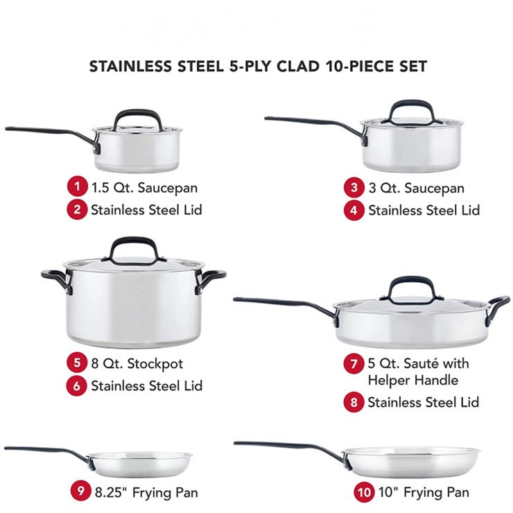 hot sell 10 pieces Induction Kitchenware 5-Ply clad Stainless Steel Cookware Sets Pots And Pans Set
