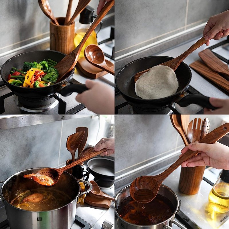 Teak Wood Spoons and Spatula Nonstick Natural Kitchen Cookware Wooden Utensils set for Cooking with Holder