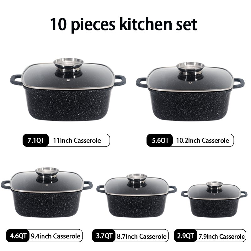 Die casting Nonstick Cookware Sets Granite Coating Pots and Pans Set Kitchen Cooking Set Compatible with All Stovetops SS lid