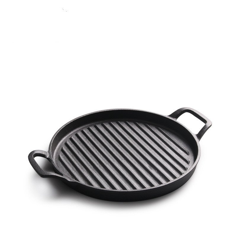 Household Kitchenware Cast Iron Pizza Grill Fry Pan Not Stick Griddle Pan Dual Handle BBQ Grill Round Roasting Pan