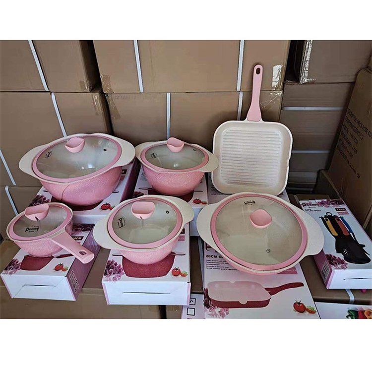 Non Stick Aluminum Cooing Pan Kit and Pot Set 18PCS Dessini Pink Marble Granite Coating Cookware Set with Kitchen Utensils