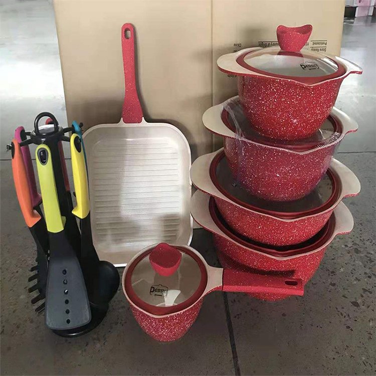 Non Stick Aluminum Cooing Pan Kit and Pot Set 18PCS Dessini Pink Marble Granite Coating Cookware Set with Kitchen Utensils