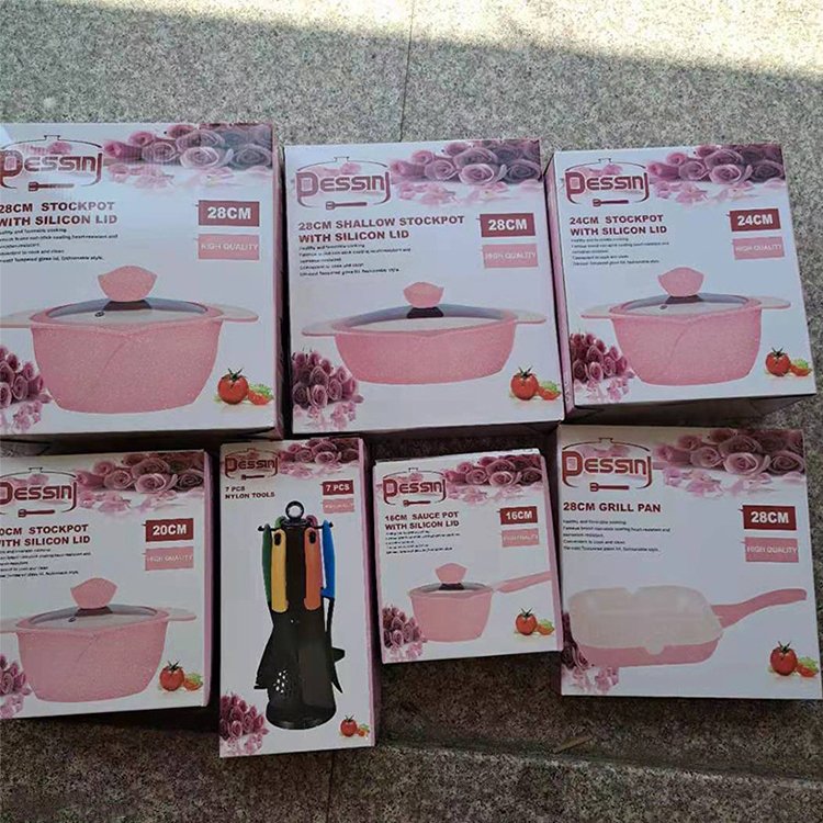 Non Stick Aluminum Cooing Pan Kit and Pot Set 18PCS Dessini Pink Marble Granite Coating Cookware Set with Kitchen Utensils