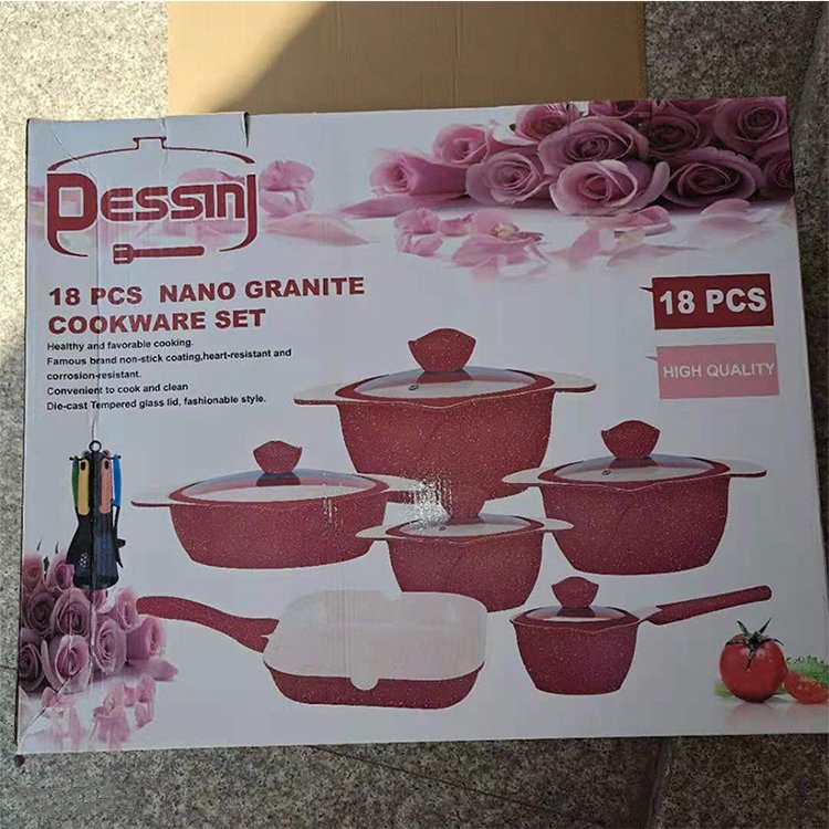 Non Stick Aluminum Cooing Pan Kit and Pot Set 18PCS Dessini Pink Marble Granite Coating Cookware Set with Kitchen Utensils