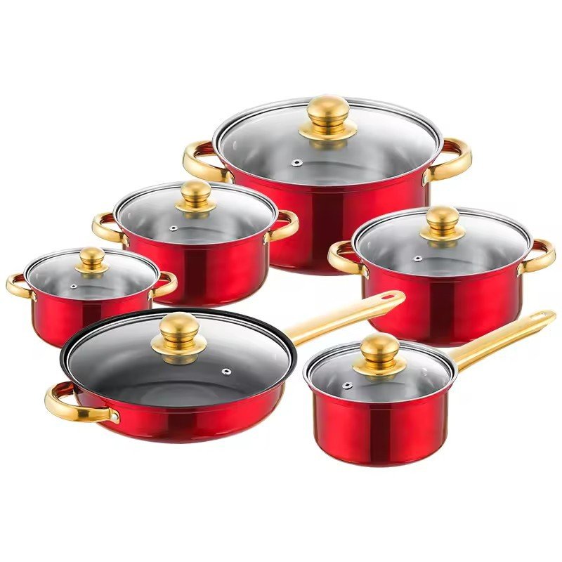 12pcs Prestige Luxury Non-Stick Cookware Set High Quality Kitchen Ware with Handle American Style Metal Cooking Utensil Pot Set